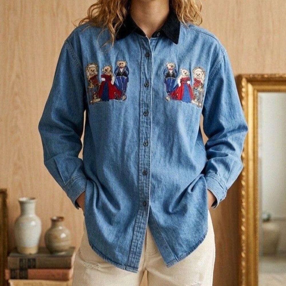 Quizz Woman Shirt Womens Sz 18 XL Blue Denim Teacher Teddy Bear Embroidered Top